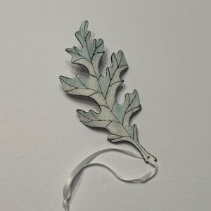 Metal and Enamel White Green Leaf 3 Dimensional Christmas Holiday Ornament